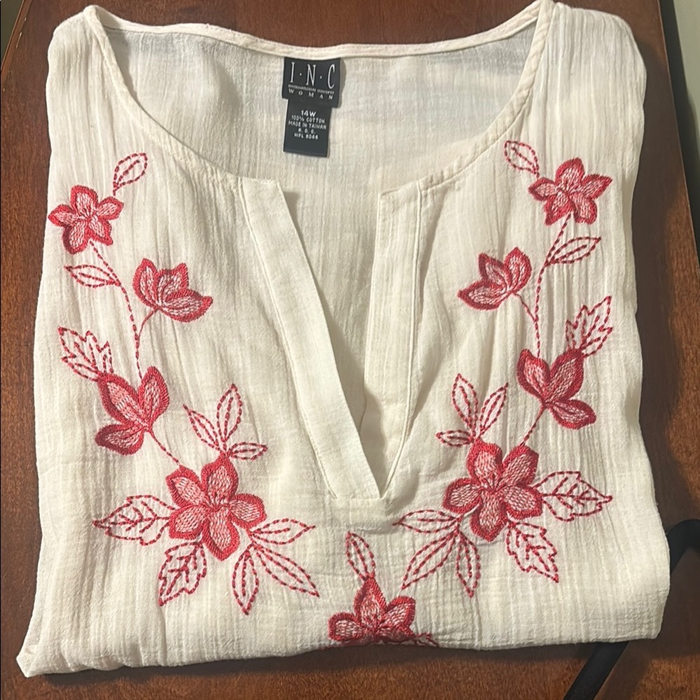 INC whit/ Cream and red embroidered Blouse